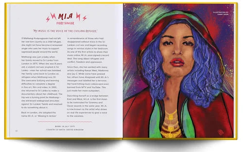 Book open to a page with text and an illustration of a person with colorful hair.