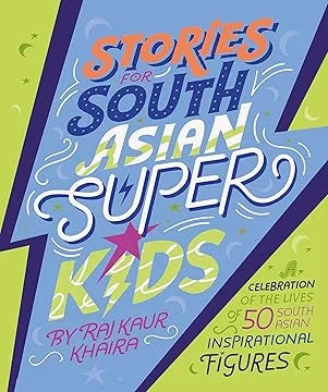 Book cover of 'Stories for South Asian Super Kids' with colorful text and design.
