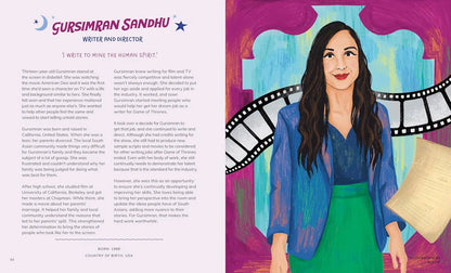 Illustration of a woman in a blue jacket and green skirt with filmstrip elements on a colorful background.