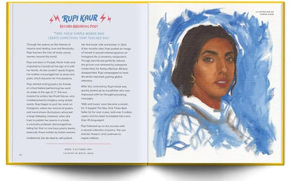 Open book with a portrait of a woman on the right and text on the left.