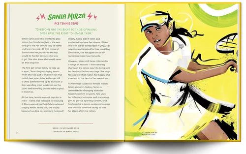 Illustration of a tennis player on a book page with text about her.