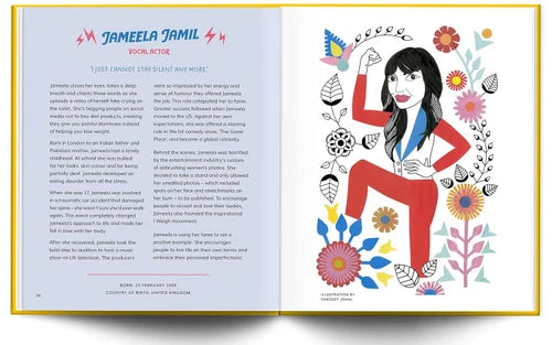 Illustrated book page with Jameela Jamil's biography and colorful illustration on a white background