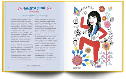 Illustrated book page with Jameela Jamil's biography and colorful illustration on a white background