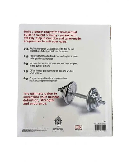 Back cover of a DK Fitness guide book, showing the title 'Build a better body with this essential guide to weight training' with bullet points and a photo of two barbell weight plates on a white background.