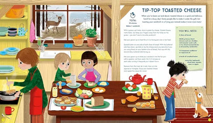 Illustration of children in a kitchen preparing food with a dog, featuring a recipe card on the right.