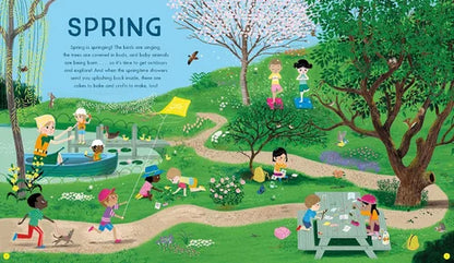 Illustration of children playing in a park with spring elements
