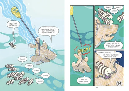 Comic strip with a hand holding a stick with a fish on the end, surrounded by caterpillars.