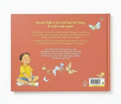 The back cover of a children's book titled 'Sonny's tulu is his most special thing. It makes him super!' shown against a plain white background.