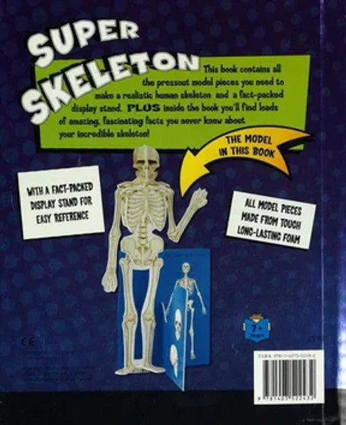 Back cover of a book titled 'Super Skeleton' with a skeleton model and text about the product.