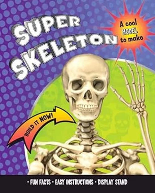 Book cover of 'Super Skeleton' with a skeleton model and colorful text on a blue and green background.