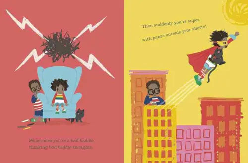 Illustrated book page with children in superhero costumes on a red and yellow background.