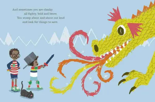 Illustration of two children with a dragon on a blue background