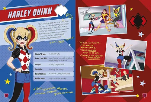 Harley Quinn character profile with illustrations and text on a colorful background