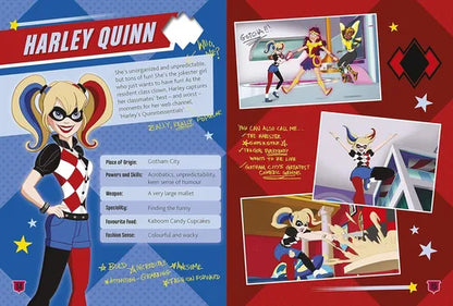 Harley Quinn character profile with illustrations and text on a colorful background