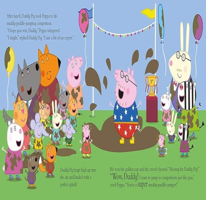Cartoon characters from 'Peppa Pig' in a competition scene with Daddy Pig and Peppa.