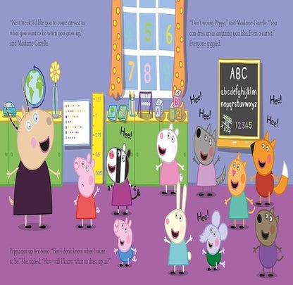 Cartoon characters in a classroom setting with educational elements.