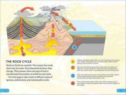Educational illustration of the rock cycle with labeled steps on a yellow background.