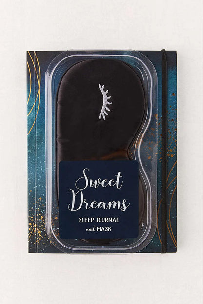 Sleep journal and mask set with 'Sweet Dreams' text on a blue background