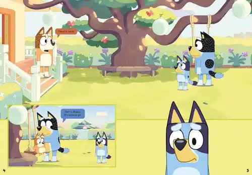 Cartoon characters in a park with trees and benches