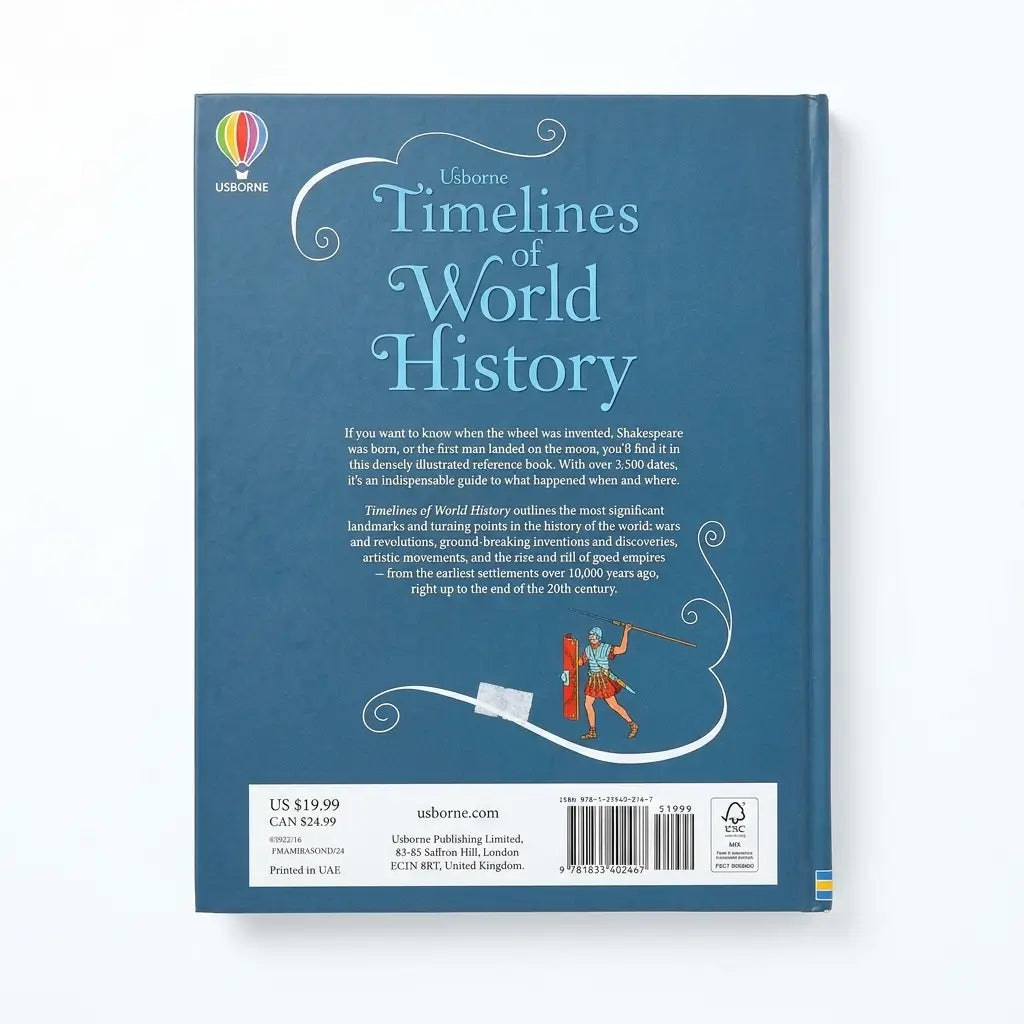 The back cover of the book 'Timelines of World History' by Usborne, featuring a dark blue background with white decorative swirls, a small illustration of a figure reading, and a white barcode label at the bottom.