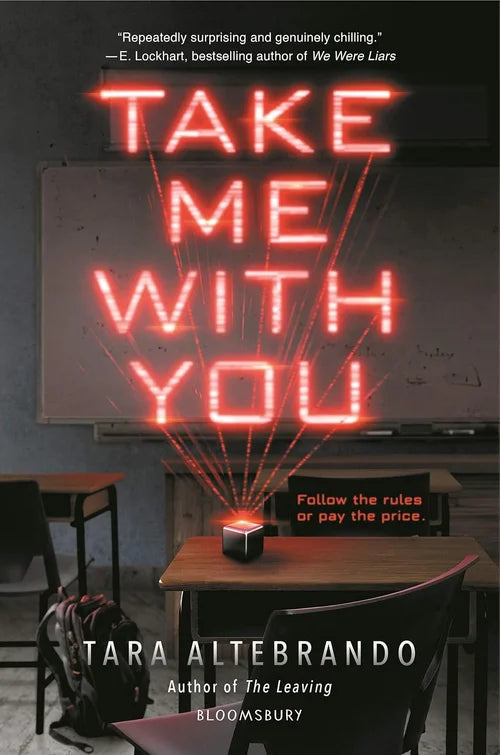 Book cover of 'Take Me With You' with a neon sign and classroom setting.