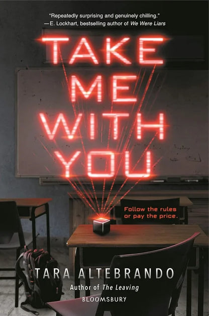 Book cover of 'Take Me With You' with a neon sign and classroom setting.