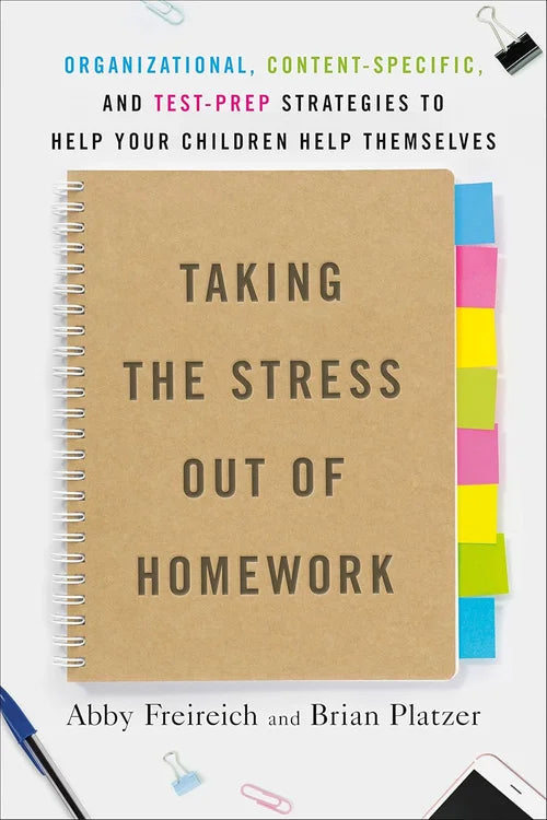 Book titled 'Taking the Stress Out of Homework' with a cover featuring a notebook and colorful flags.