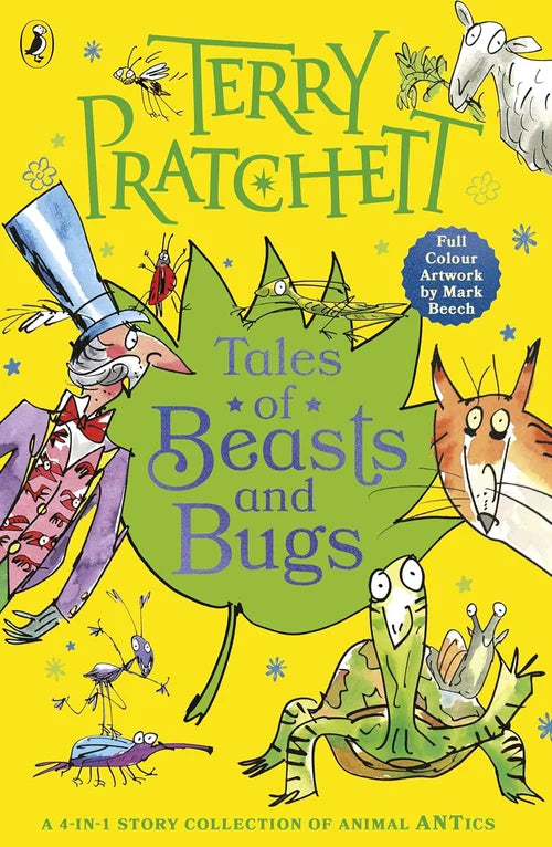 Book cover of 'Tales of Beasts and Bugs' by Terry Pratchett with colorful illustrations on a yellow background.