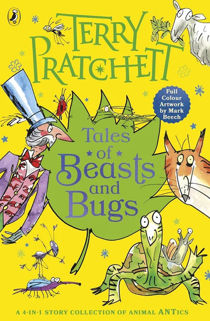 Book cover of 'Tales of Beasts and Bugs' by Terry Pratchett with colorful illustrations on a yellow background.