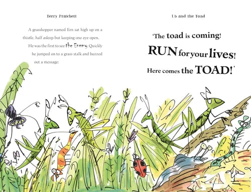 Illustration from a children's book with grasshoppers and text about a toad.