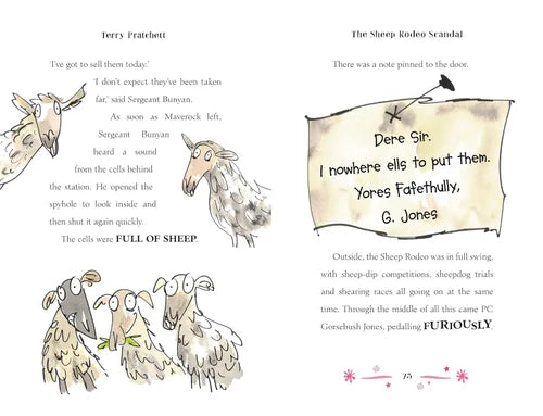 Page from a book with illustrations of sheep and a humorous letter, featuring text and a signature.