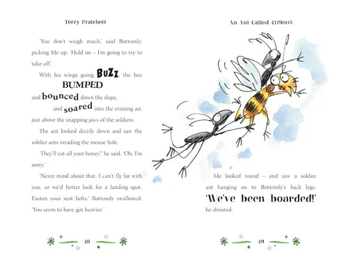 Illustrated page from a book with text and cartoon characters of an ant and a bee.