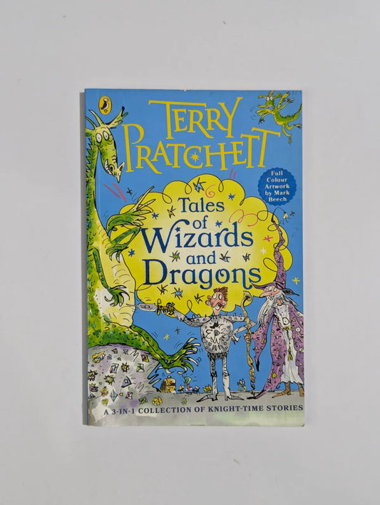 Book titled 'Tales of Wizards and Dragons' by Terry Pratchett on a gray background
