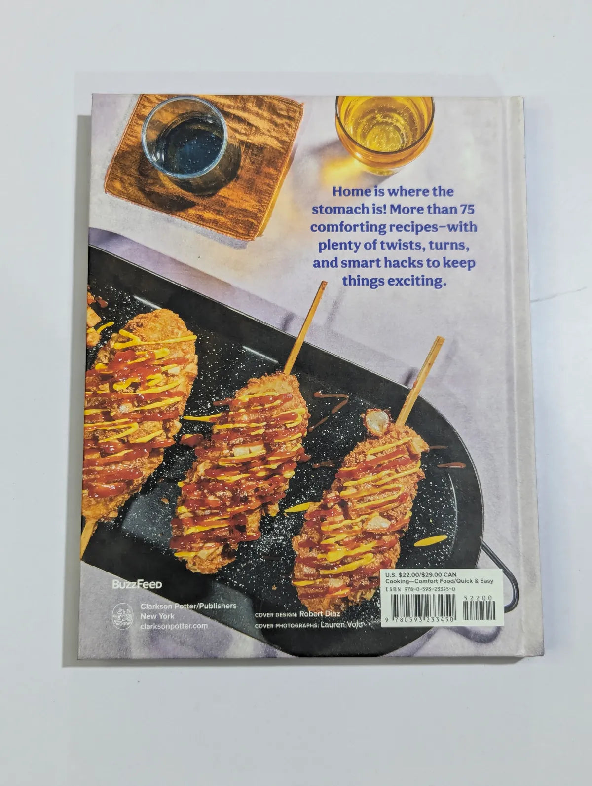 Book cover with food images and text on a white background