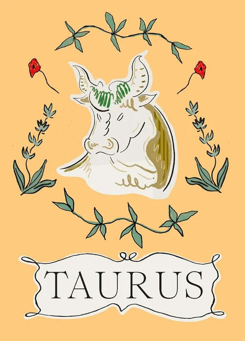 Illustration of Taurus zodiac sign with decorative elements on a yellow background