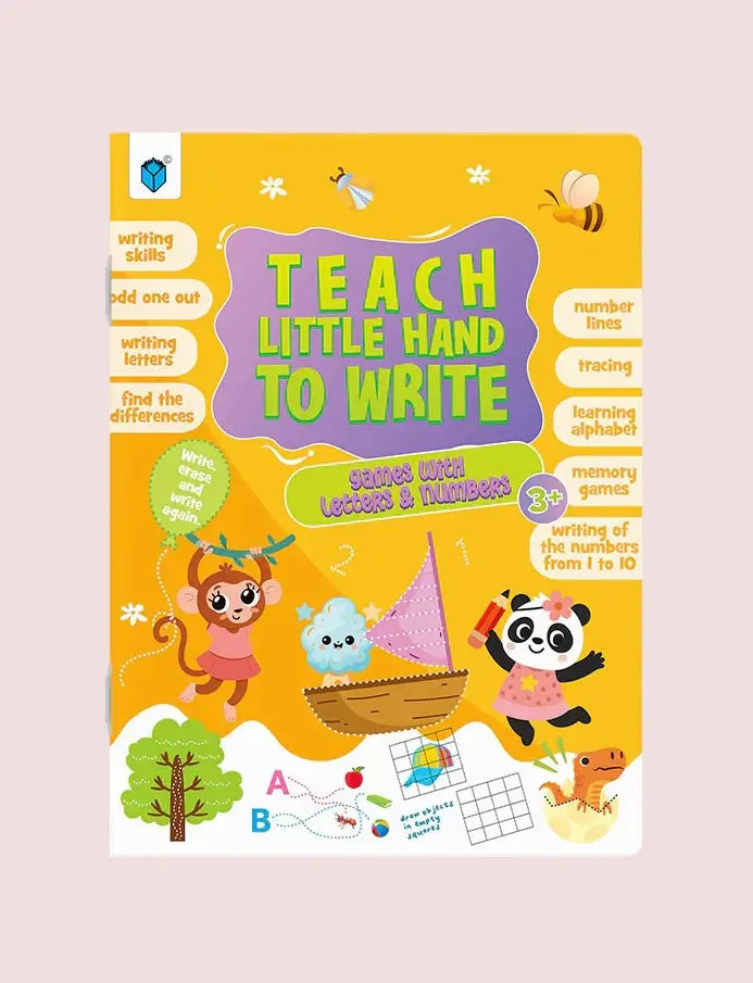 Teach Little Hand to Write 3rd Grade Level 1 learning game board book with colorful cartoon illustrations of a monkey, panda, and a bird on a bright yellow cover.