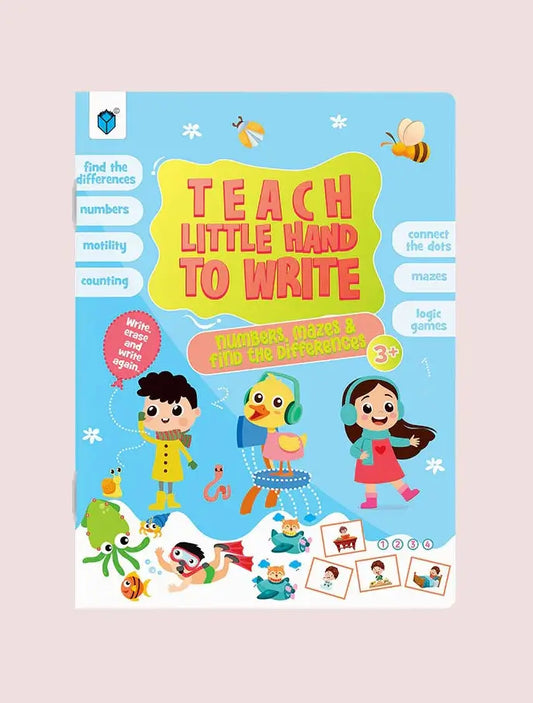 A colorful children's activity book cover titled 'TEACH LITTLE HAND TO WRITE' with cartoon children, animals, and educational game panels on a light blue background, shown centered on a pale pink backdrop.
