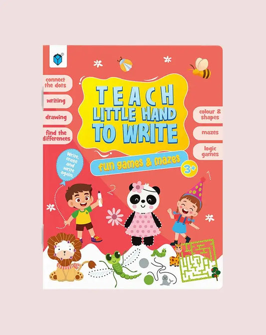 Teach Little Hand to Write Fun Games & Tricks 3+ book cover, featuring a bright coral pink background with cartoon children, a panda, a lion, bees, and playful writing-themed illustrations.