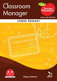 Book titled 'Classroom Manager Lower Primary' by Mary Serens with a yellow cover and brown background.