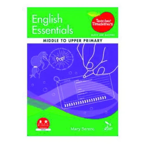Book titled 'English Essentials' for middle to upper primary students with a green and purple cover.