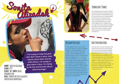 Magazine layout featuring Sonita Alizadeh with text and graphics about her life and work.