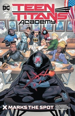 Comic book cover of Teen Titans Academy with characters in a classroom setting.