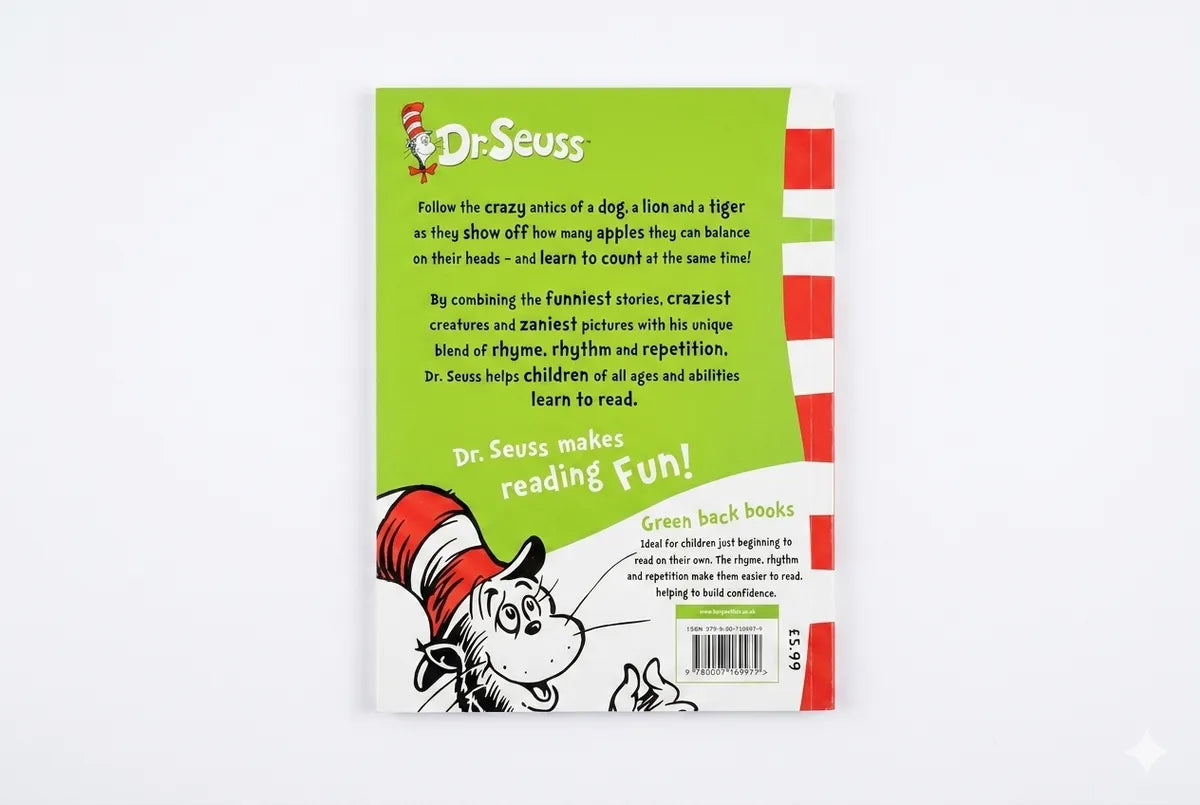 Back cover of a Dr. Seuss book with green and red design
