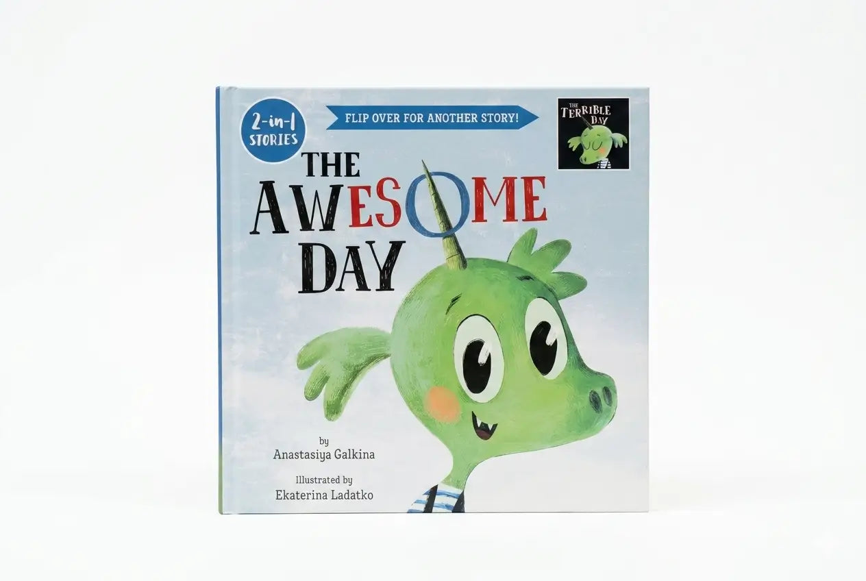 Children's book titled 'The Awesome Day' with a green character on the cover.