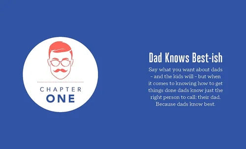 Logo and text for 'Dad Knows Best-ish' on a blue background