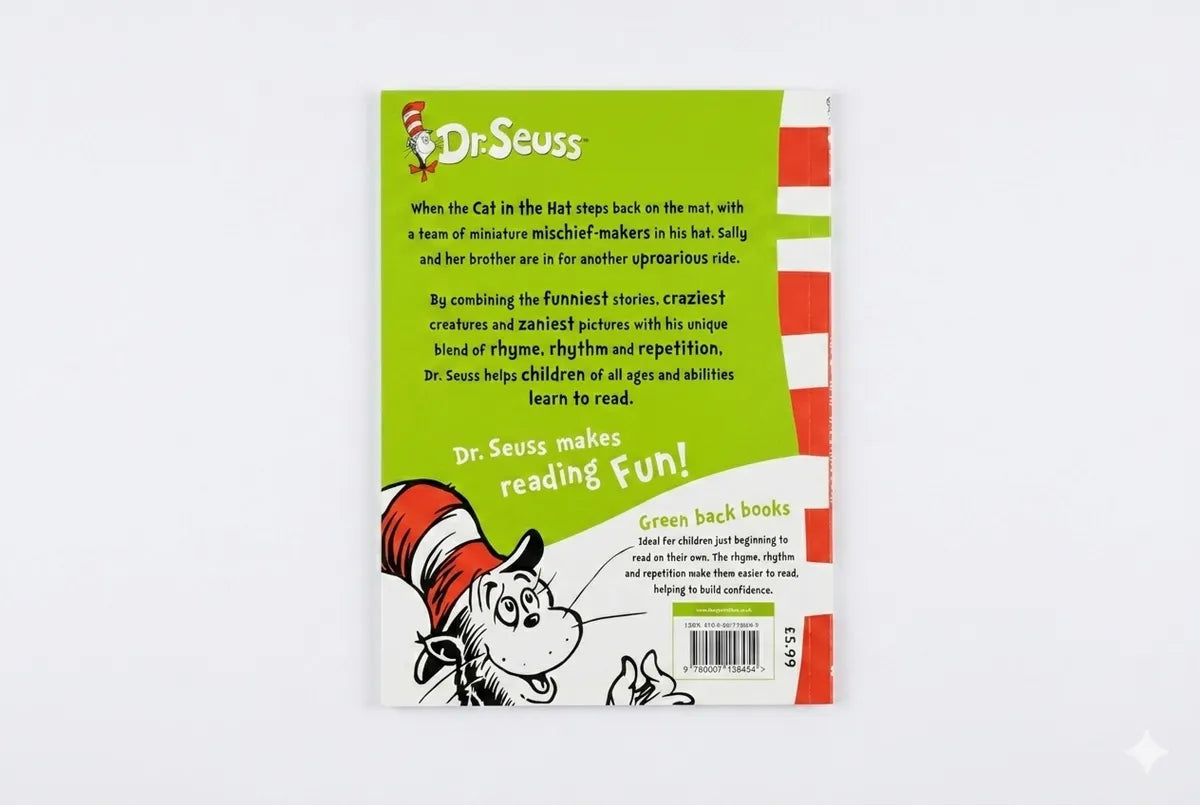Back cover of a Dr. Seuss book with text and graphics on a white background
