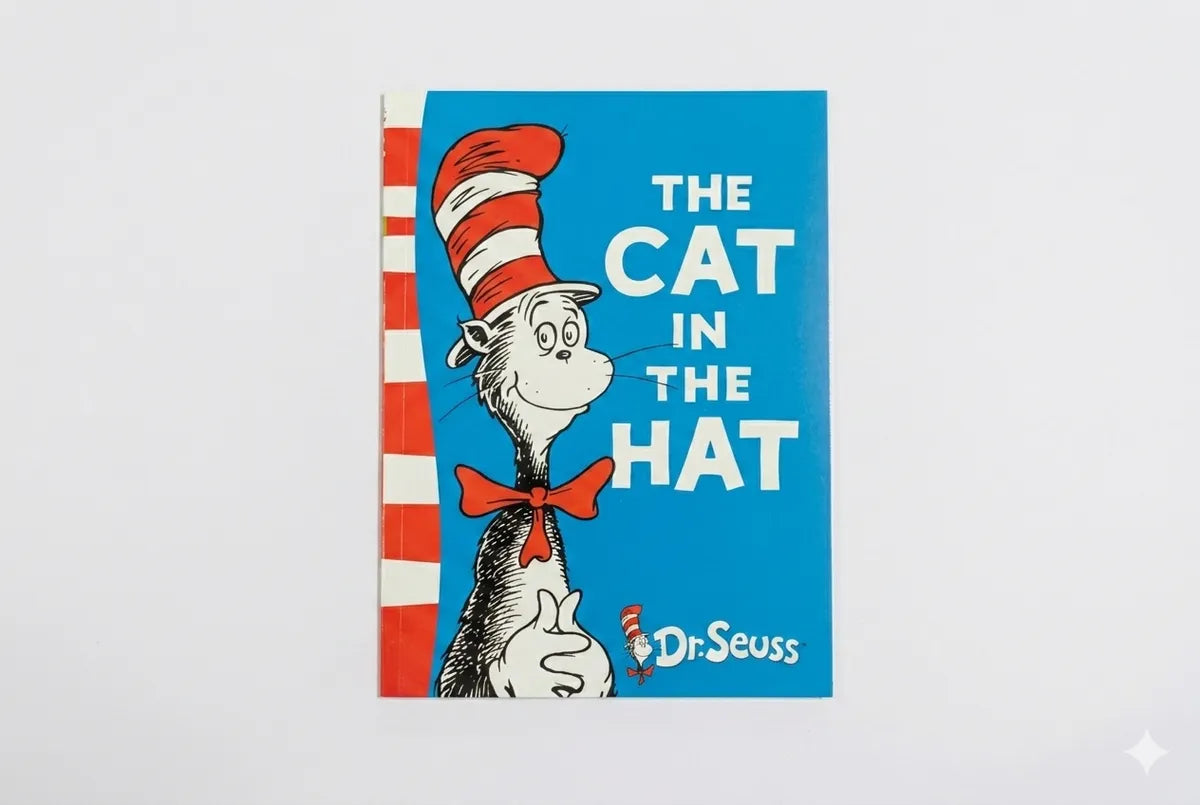 Book cover of 'The Cat in the Hat' by Dr. Seuss on a white background