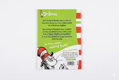 Back cover of a Dr. Seuss book with green background and cat in the hat illustration.