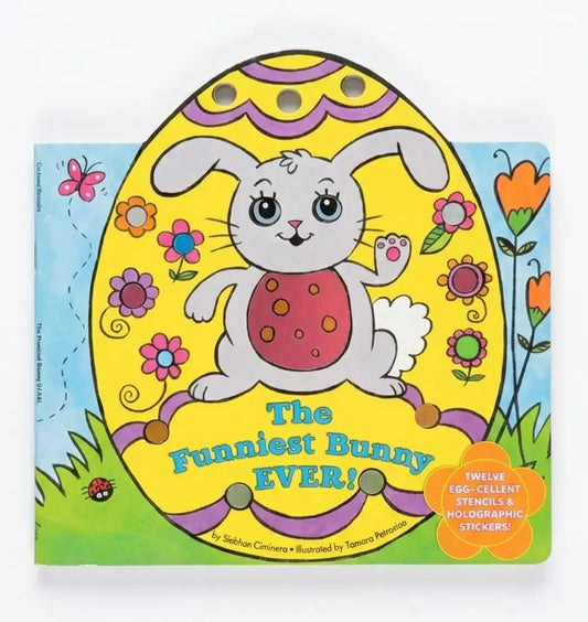 Children's book cover with a bunny on an egg-shaped yellow background