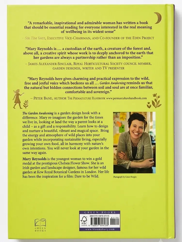 Back cover of a book with text and an image of a woman on a green background